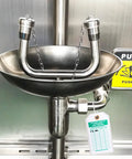 Heavy Duty Emergency Shower And Eye Wash Test Record Tags, Tough As Nails Double Sided Safety Compliance Holders With Solid Brass Grommets, Pack Of Twenty Five attached to stainless steel emergency shower.