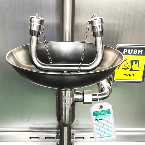 Heavy Duty Emergency Shower And Eye Wash Test Record Tags, Tough As Nails Double Sided Safety Compliance Holders With Solid Brass Grommets, Pack Of Twenty Five attached to stainless steel emergency shower.