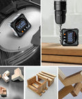 Digital Angle Finder With Laser And Magnetic Cube Protractor For Woodworking on table saw and wooden surface; multiple views
