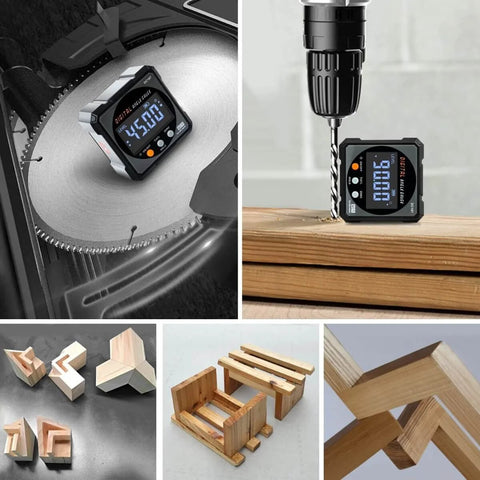 Digital Angle Finder With Laser And Magnetic Cube Protractor For Woodworking on table saw and wooden surface; multiple views