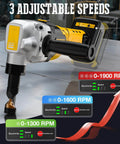 Beast Of A Cordless Metal Nibbler With Brushless Motor For 20V Max Battery 16 Gauge Metal Cutting Stainless Steel And Aluminum Variable Speed With Assist Handle Includes 2 Blades Battery Not Included. Image shows a metal nibbler on a metal sheet highlighting adjustable speeds.