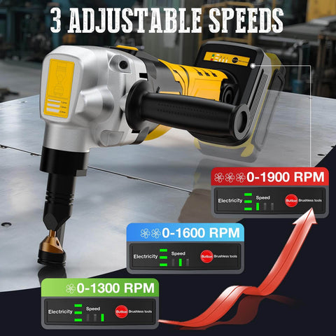 Beast Of A Cordless Metal Nibbler With Brushless Motor For 20V Max Battery 16 Gauge Metal Cutting Stainless Steel And Aluminum Variable Speed With Assist Handle Includes 2 Blades Battery Not Included. Image shows a metal nibbler on a metal sheet highlighting adjustable speeds.