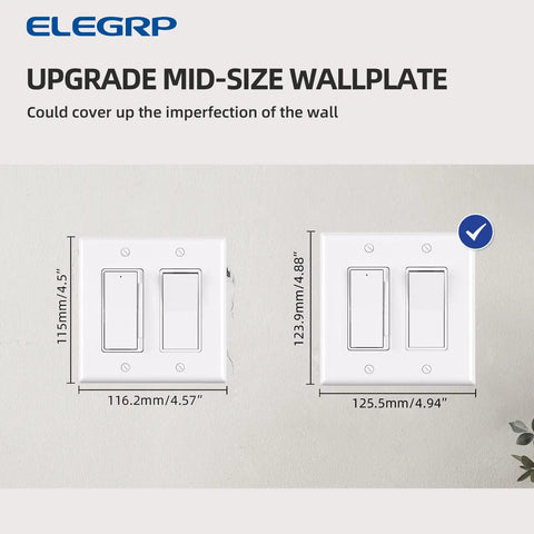 Two Gang Decorative Wall Plates For Decorator Receptacles And Switches Mid Size Thermoplastic Faceplate Covers Tough As Nails Unbreakable Polycarbonate Glossy White Finish UL Listed 5 Pack displayed side by side with dimensions in inches visible.