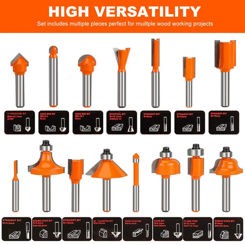 Multi Purpose Router Bit Set For Woodworking 15 Piece Kit with 1 Quarter Inch Shank displayed with labels and orange tips