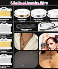Image showing 8 rolls for jewelry making: gold necklace chains, copper and silver wires, beading string, part of All In One Jewelry Making Kit With Tools And Findings, Chains, Copper Wires, Adjustable Magnifier, Beading String, Carry Bag For DIY Jewelry Making And Repairs.