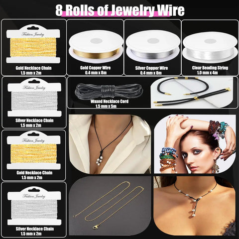 Image showing 8 rolls for jewelry making: gold necklace chains, copper and silver wires, beading string, part of All In One Jewelry Making Kit With Tools And Findings, Chains, Copper Wires, Adjustable Magnifier, Beading String, Carry Bag For DIY Jewelry Making And Repairs.