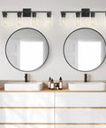 Four Light Matte Black Vanity Light With Square Backplate Glass Shades Sleek Modern UL Certified Bathroom Fixture Over Mirror