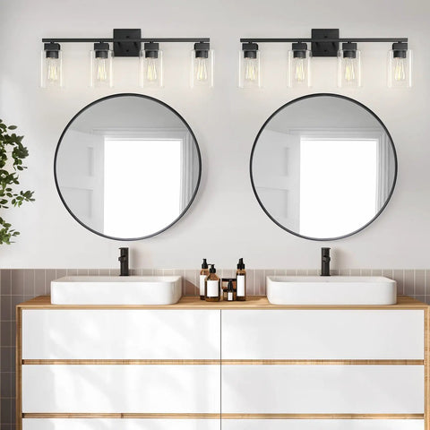 Four Light Matte Black Vanity Light With Square Backplate Glass Shades Sleek Modern UL Certified Bathroom Fixture Over Mirror