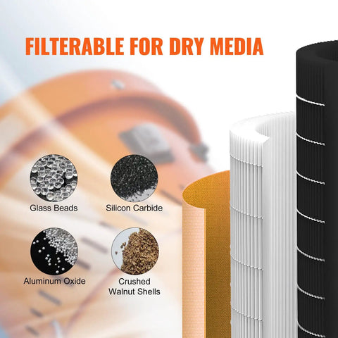 Filter options for Beast 1.6 HP Dust Collector With Media Reclaimer, showing glass beads, silicon carbide, aluminum oxide, walnut shells.