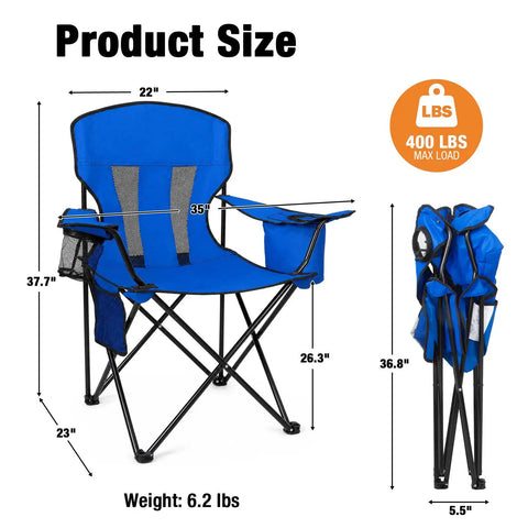 Two Pack Heavy Duty Folding Camping Chairs With 4 Can Cooler Bag And Cup Holder, Breathable Mesh Back shown with dimensions and weight