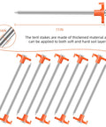 Beefy Heavy Duty Tent Stakes 7 Inches 10 Pack Rust Proof Galvanized Steel Ground Pegs with Orange Caps in a row