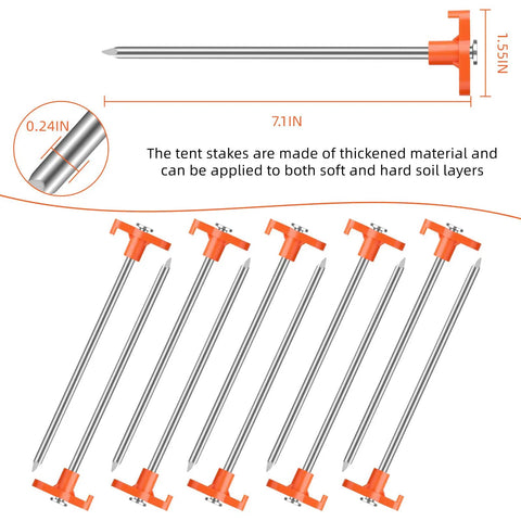 Beefy Heavy Duty Tent Stakes 7 Inches 10 Pack Rust Proof Galvanized Steel Ground Pegs with Orange Caps in a row