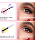 Close-up of two brush heads, 30° curvature spiral and big SEAL, used with Bond And Seal 2 In 1 Lash Glue Waterproof With Strong Hold For DIY Cluster Eyelashes Long Lasting Adhesive That Locks Extensions Against Sweat And Oil Alcohol Free Gentle Formula Easy To Use For Pro Lash Game, showing lash application on eyes.