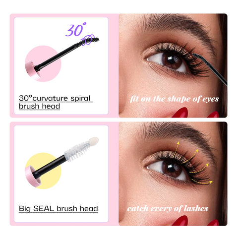 Close-up of two brush heads, 30° curvature spiral and big SEAL, used with Bond And Seal 2 In 1 Lash Glue Waterproof With Strong Hold For DIY Cluster Eyelashes Long Lasting Adhesive That Locks Extensions Against Sweat And Oil Alcohol Free Gentle Formula Easy To Use For Pro Lash Game, showing lash application on eyes.