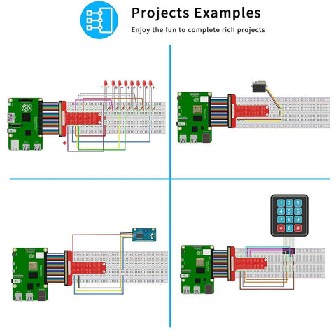Ultimate Raspberry Pi Starter Kit For Newbie Makers With Python And C Code 40 Hands On Projects STEM Education DIY Electronics Pack With Comprehensive 480 Page PDF Manual project examples on breadboards with LED, servo, sensor and keypad