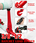 Ratchet Chain Binders For Three Eighths And One Half Inch Chain, 9,400 Lb WLL with rustproof hooks and no-slip handle