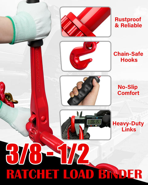 Ratchet Chain Binders For Three Eighths And One Half Inch Chain, 9,400 Lb WLL with rustproof hooks and no-slip handle