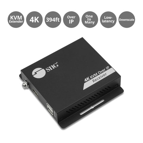 Solid Hdmi Kvm Over IP Receiver Locking In 4K At 30Hz With Up To 394 Foot Range For Cat6 Cables shown from an angled view, compact black design.