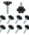 Kickass 10 Pack Black Star Knurled Thumb Screws Featuring Precision 1/4-20 Thread Size For Rock Solid Clamping Grip And Super Fast Umbrella Base Replacement Projects, showing black star grip and threaded bolts.