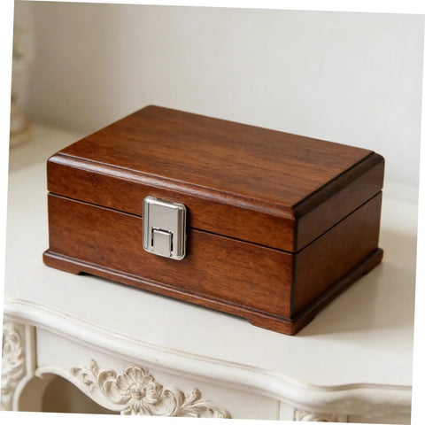 Wooden box with a silver metal clasp, part of 8 Pack Silver Metal Box Clasps With Spring Loaded Center Latches Lockable Draw Latch Hardware.