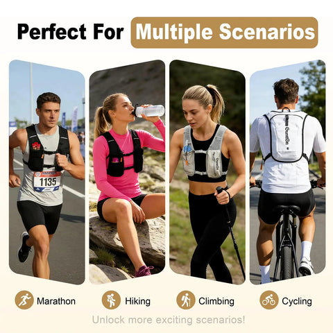 People using Hydration Running Vest For Women And Men, Adjustable Lightweight Nylon Pack with Phone Holder for marathon and cycling