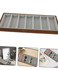 Premium Wooden Shade Keeper Tray Including Seven Gray Fabric Slots Top Tier Jewelry Glasses Watch Organizer shown from top angle.