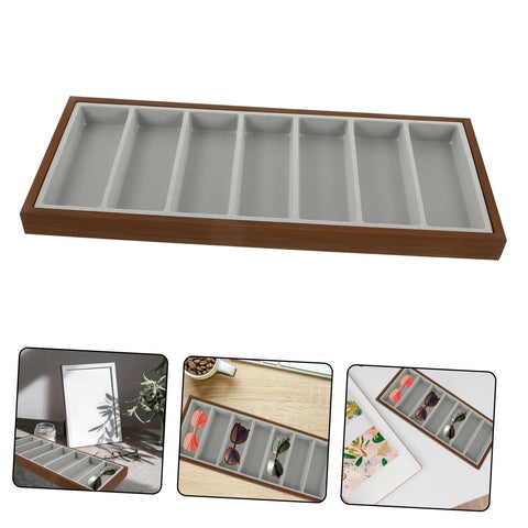 Premium Wooden Shade Keeper Tray Including Seven Gray Fabric Slots Top Tier Jewelry Glasses Watch Organizer shown from top angle.