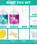 Crystal Clear Epoxy Resin Kit 2 Gallon Self Leveling Low Odor No Bubbles 1:1 Ratio Food Safe Resin And Hardener For Tabletop Coating Casting Craft Candlesticks with contents including resin, hardener, pumps, gloves, manual, scrapers, stirring sticks, and cups.