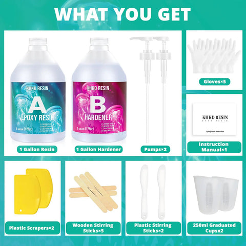 Crystal Clear Epoxy Resin Kit 2 Gallon Self Leveling Low Odor No Bubbles 1:1 Ratio Food Safe Resin And Hardener For Tabletop Coating Casting Craft Candlesticks with contents including resin, hardener, pumps, gloves, manual, scrapers, stirring sticks, and cups.