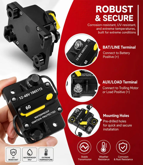 Heavy Duty Trolling Motor Plug And Receptacle Kit With 60 Amp Circuit Breaker For 12V 24V 36V 48V Electrical Systems close-up of terminals and mounting features.