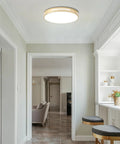 12 Inch LED Flush Mount Ceiling Light Two Pack Dimmable 24W 2400 Lumens Close To Ceiling installed in a modern white hallway