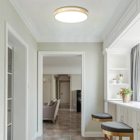 12 Inch LED Flush Mount Ceiling Light Two Pack Dimmable 24W 2400 Lumens Close To Ceiling installed in a modern white hallway