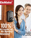 Keyless Entry Keypad Deadbolt For Front Door Digital And Mechanical Lock on wooden door with couple smiling in background