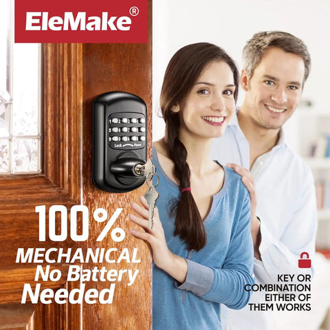 Keyless Entry Keypad Deadbolt For Front Door Digital And Mechanical Lock on wooden door with couple smiling in background