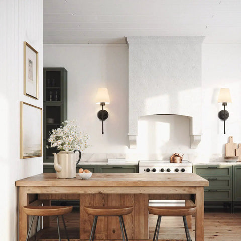 Set Of 2 Retro Industrial Hardwired Wall Sconces With White Fabric Shades Slim Wall Mounted Vanity Lights in a kitchen decor.