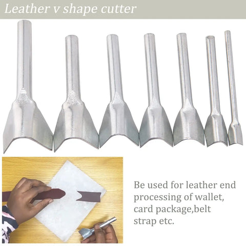 V Shaped Leather Punch Kit, 7 Piece Leather Craft Cutting Tools for Belt Ends, Wallets and Bags, displayed on a surface