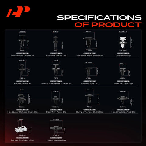 Specifications chart for Dodge Charger 2011 To 2023 Retainer Clip Kit, showing sizes and types of 140 piece fasteners.