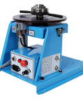Heavy Duty Rotary Welding Positioner With Sturdy Three Jaw Chuck And Smooth Zero To Ninety Degree Tilt For No Sweat Seam Welding Runs, blue metal base.