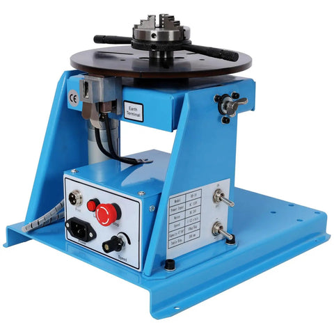 Heavy Duty Rotary Welding Positioner With Sturdy Three Jaw Chuck And Smooth Zero To Ninety Degree Tilt For No Sweat Seam Welding Runs, blue metal base.