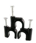 100 Pack Nail In Cable Clips Set for 8mm Wire with zinc plated nails and UV stabilized plastic in black, front view.