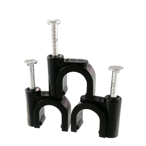 100 Pack Nail In Cable Clips Set for 8mm Wire with zinc plated nails and UV stabilized plastic in black, front view.