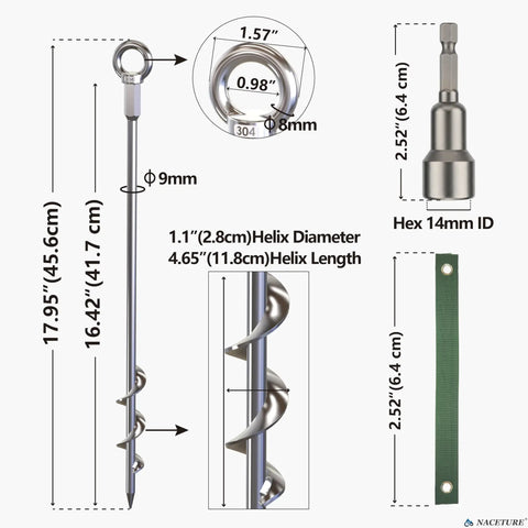 Diagram of 18 Inch Beefy Heavy Duty Ground Anchors Screw In Kit showing dimensions and components, including eye bolt and hex wrench.