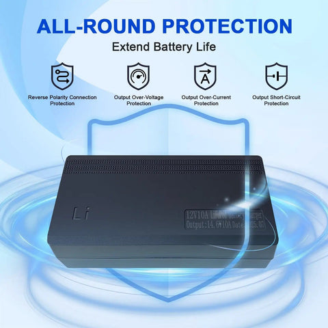 14.6V 10A LiFePO4 Battery Charger for 12V Lithium Battery with safety protection features displayed in blue