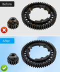 Before and after comparison of Beefed Up Hardened Steel 46T Spur Gear and 18T Pinion Gear Set For 1/5 X-Maxx, 1/7 XO-1, 1/10 Maxx, and 1/10E-Revo 2.0 VXL Replacement 6447 Heavy Duty RC Car Gear Set.