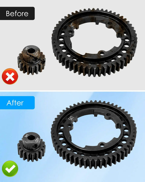 Before and after comparison of Beefed Up Hardened Steel 46T Spur Gear and 18T Pinion Gear Set For 1/5 X-Maxx, 1/7 XO-1, 1/10 Maxx, and 1/10E-Revo 2.0 VXL Replacement 6447 Heavy Duty RC Car Gear Set.