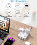 Legit Flat Plug Extension Cord With Four Wide Spaced Outlets And Dual Usb Type C Fast Charging Power Strip on desk with laptop and phone.