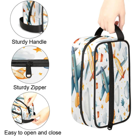 Airplane Cosmetic Bag For Women Travel Makeup Organizer Pouch Kit Waterproof Durable Polyester Toiletries Case With Carry On Size 10.5 By 4.4 By 5.3 Inches For Easy On The Go, showcasing airplane design, handle, and zipper details.