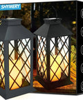 Solar Outdoor Lanterns Waterproof 14 Inch Two Pack With LED Flickering Flameless Candles Hanging Black Lanterns For Patio Front Porch Balcony And Table Decor on packaging.