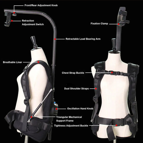 Body Support Rig For 3 Axis Handheld Stabilizers And Video Cameras, Stabilizer Vest With 18Kg Payload Capacity, Camera Support Vest shown on mannequin with adjustable features labeled.