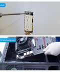 Installation process showing socket and PCB motherboard setup in a computer case.